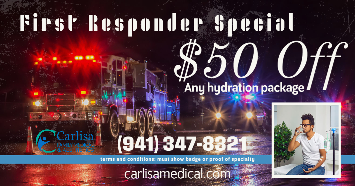 image displaying a firetruck and police car at night with lights that pierce the night sky to show the first responders doing their jobs the image is overlayed with text representing a coupon for fifty dollars of any IV hydration package